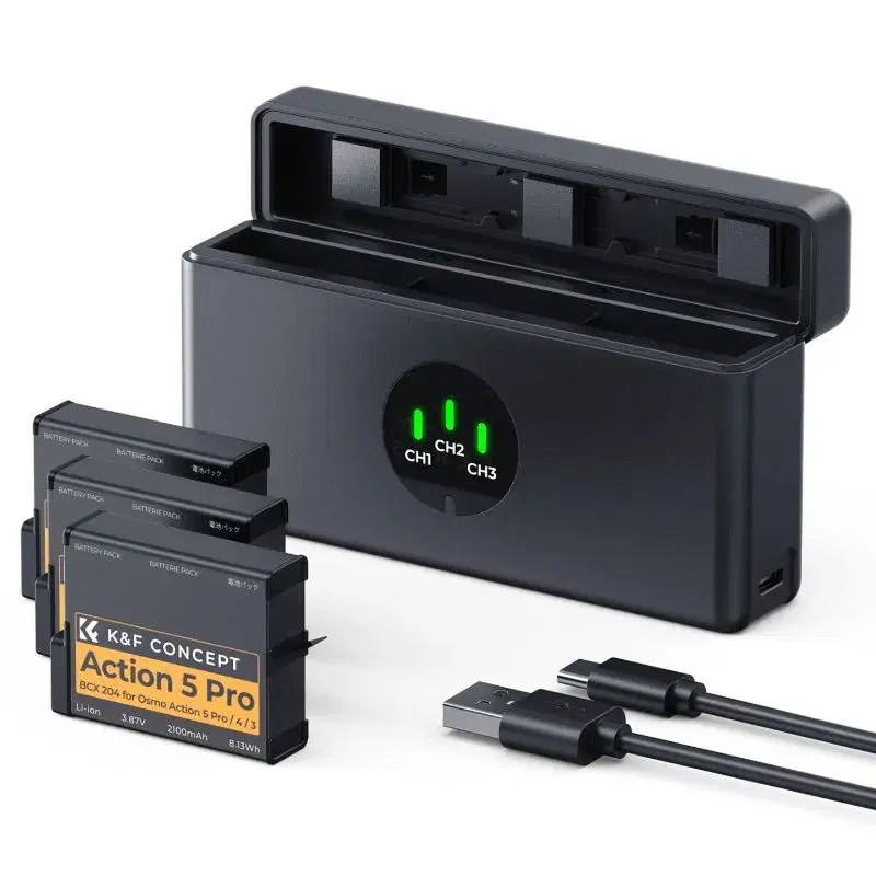 K&F Concept DJI Osmo Action 6/5 Pro/4/3 & 360 Battery Charger Case Kit with 3×2100mAh Batteries