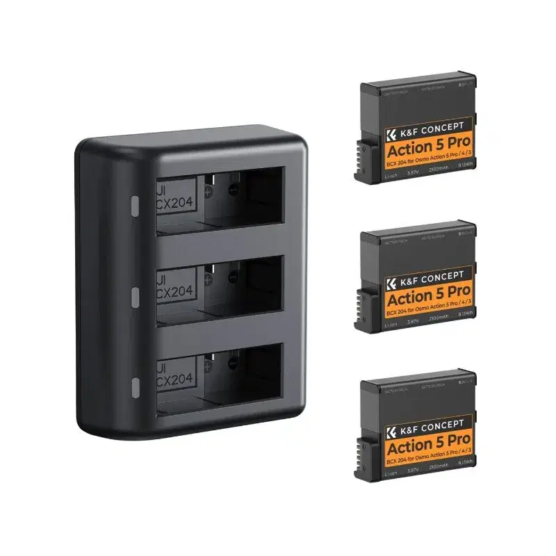 K&F Concept DJI Osmo Action 6/5 Pro/4/3 & 360 Triple Battery Charger Kit with 3× 2100mAh Batteries