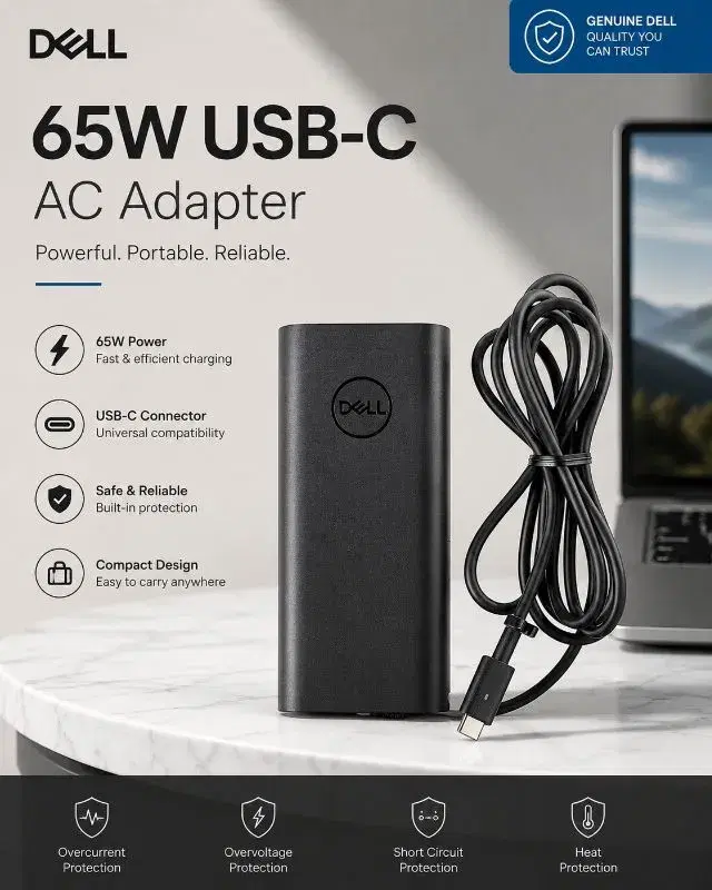Dell 65W USB-C Original Fast Laptop Charger Adapter, Laptop Charger