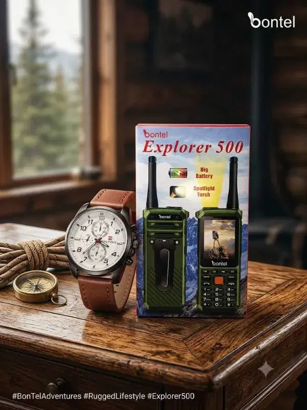 BONTEL Explorer 500 Rugged Feature Mobile Phone Heavy Duty Battery With Free Men's Sport Leather Strap Watch