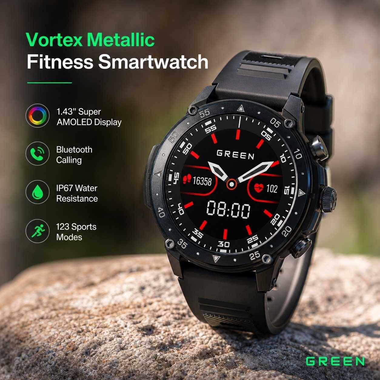 Green Vortex Metallic Fitness Smartwatch 1.43 inch Super AMOLED Display Bluetooth Calling IP67 Water Resistance 123 Sports Modes Luxury Sporty Design