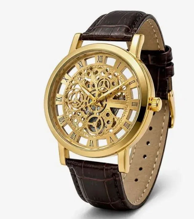 Men's Luxury Skeleton Dial Watch – Gold Case & Brown Leather Strap Analog Watch