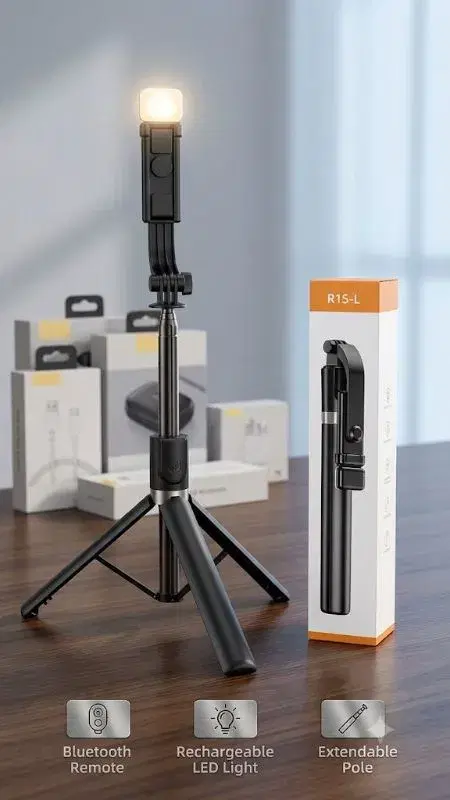 R1S-L 3-in-1 Bluetooth Selfie Stick Tripod with Integrated Fill Light