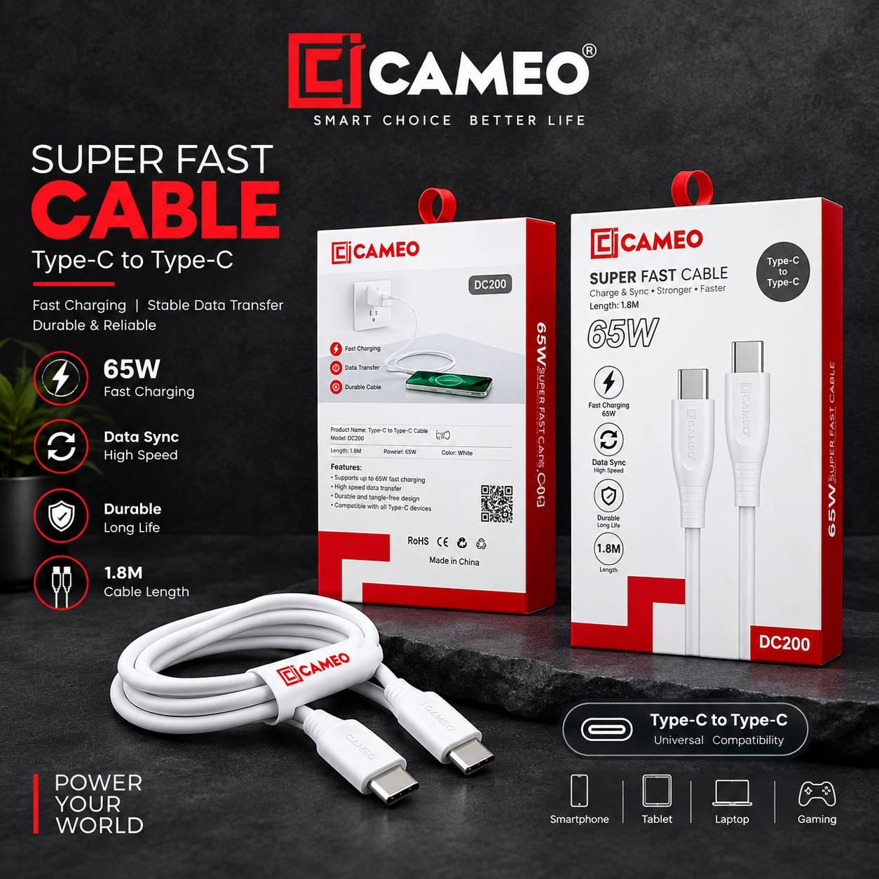 CAMEO DC-200 Type C to C Super Fast Cable, Compatible with data transmission and charging functions available in 65W or lower-power variants/Safe and quick Charge