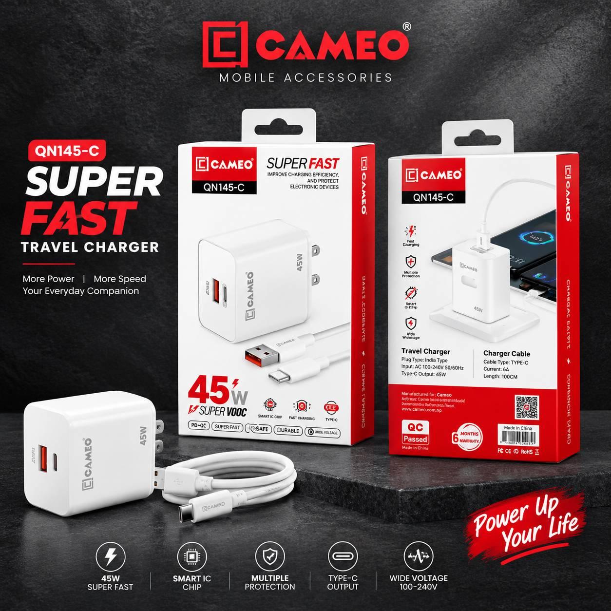 Cameo QN-145 Real 45W | SUPER FAST and Type-C Cable, Plug Type- India Type, Input:AC100-240V 50/60Hz, TYPE-C Outpur 45W, Current
6A Length:100CM, Smart IC chip, 3C Certification(DART, Super DART, WARP,
DASH, Super VOOC & Qualcomm3.0) + Fr