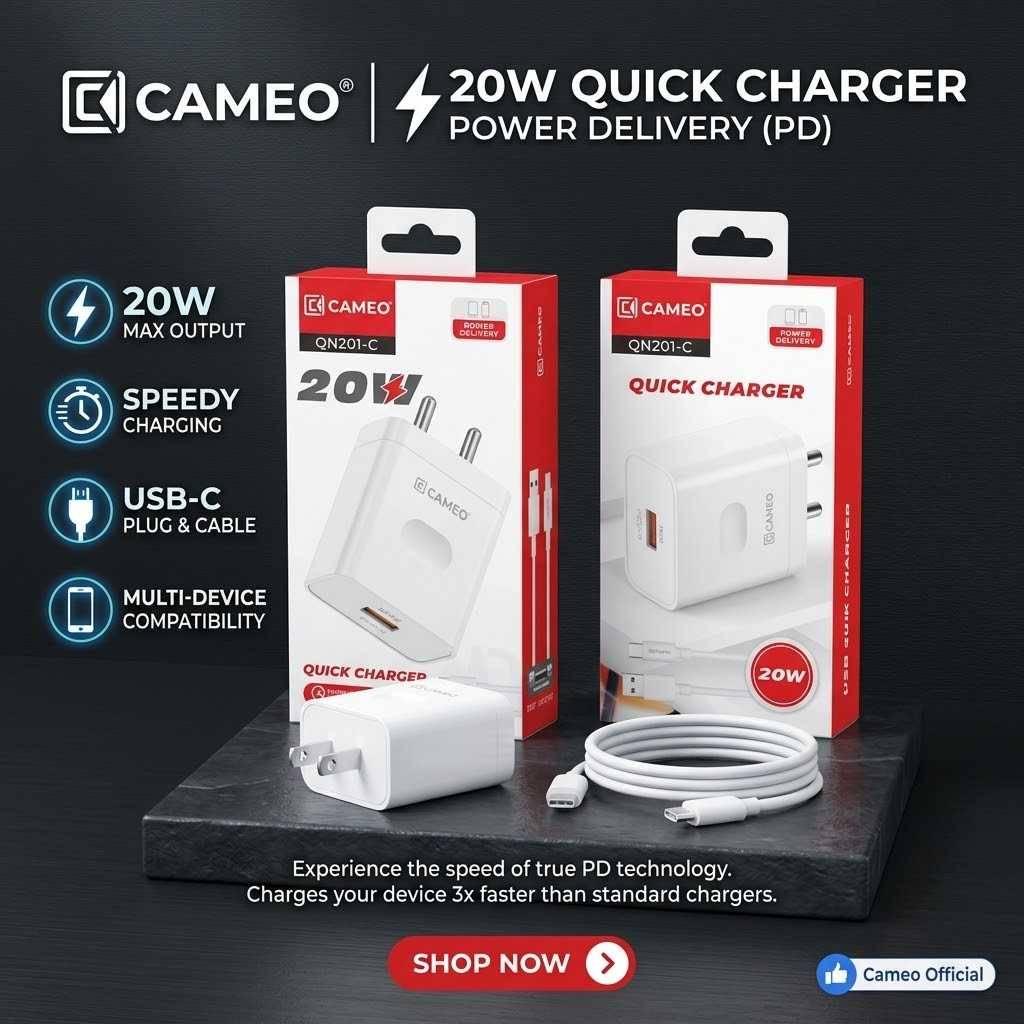 CAMEO QN201-C 20W USB Ultra-Fast Charger and Type C Cable, Universal Compatibility 20W Max/Quick Charging/Over Current Protection