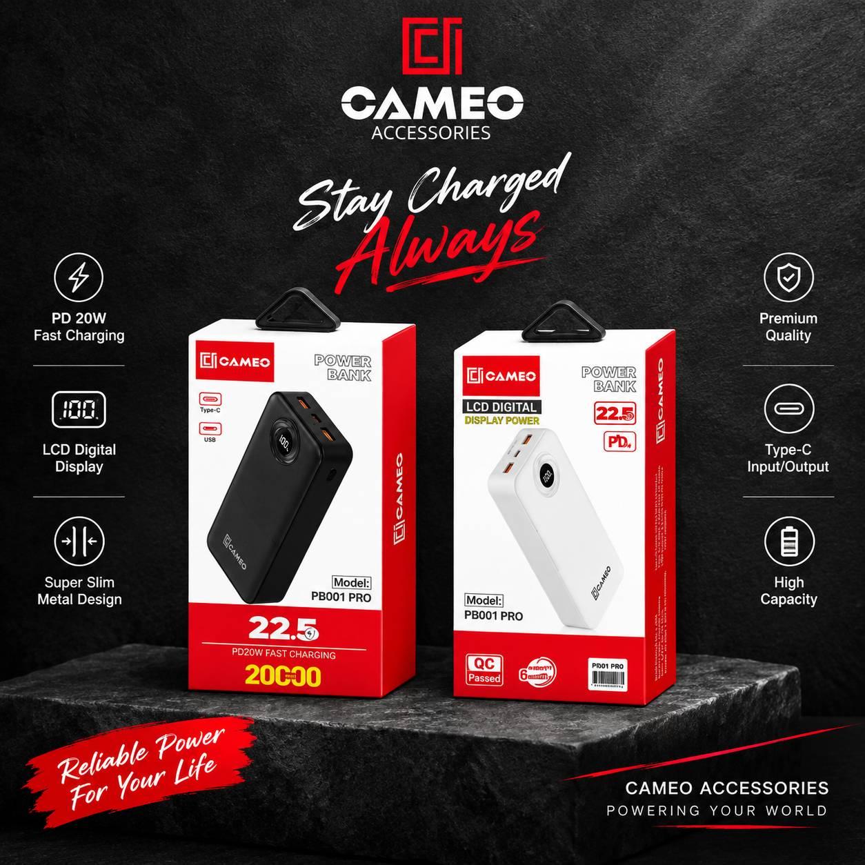 Cameo PB001 Pro 20000 mAh 22.5W PD Fast Charging Powerbank Type C Fast Charging Port Dual Output Charging with Led indicators