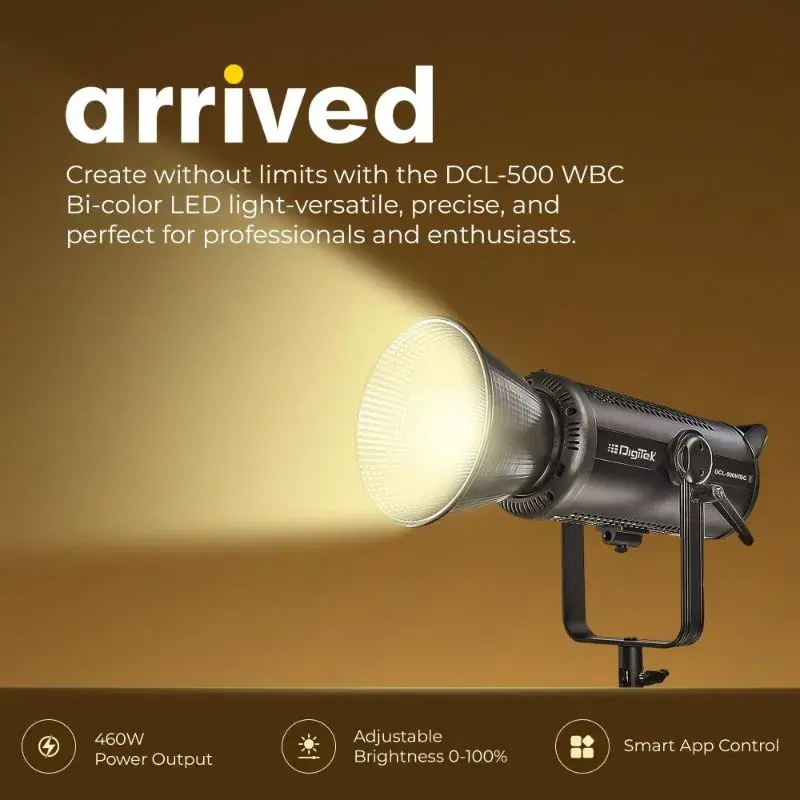 Digitek® (DCL-500 WBC Combo) 460W Bi-Color Continuous LED Video Light with 18cm Reflector, 2700K-6500K Color Temp, 42000 LM, Flash Speed 1-9s, 12 Special FX Effects, App Control, Ideal Studio Lighting