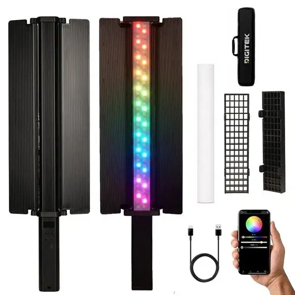 Digitek (DSL 30W RGB) Portable Handheld RGB LED Light Wand with Grid, Diffuser & Barn Door Comes with a 5200mAh Built in Battery Pack.