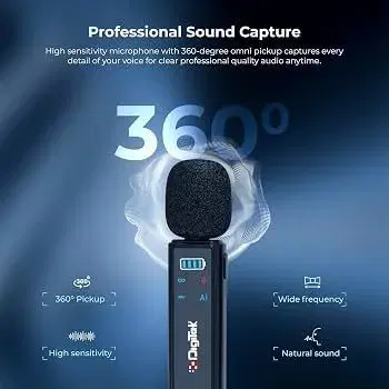 Digitek DWM-021 Wireless Clip-On Microphone with AI Noise Cancellation | Dual Mic (2 Transmitters, 1 Receiver) | 2.4GHz Low Latency, 40m Range | Type-C & Lightning