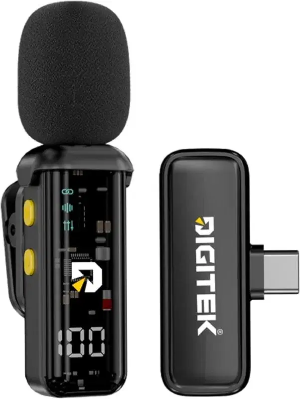 Digitek DWM-011 Wireless Microphone System for iPhone 15 Series & USB-C Android Devices, 2.4GHz Plug & Play Lavalier Mic, Noise Reduction, Echo Mode, 20m Range, 4H Battery Life, Type-C Receiver