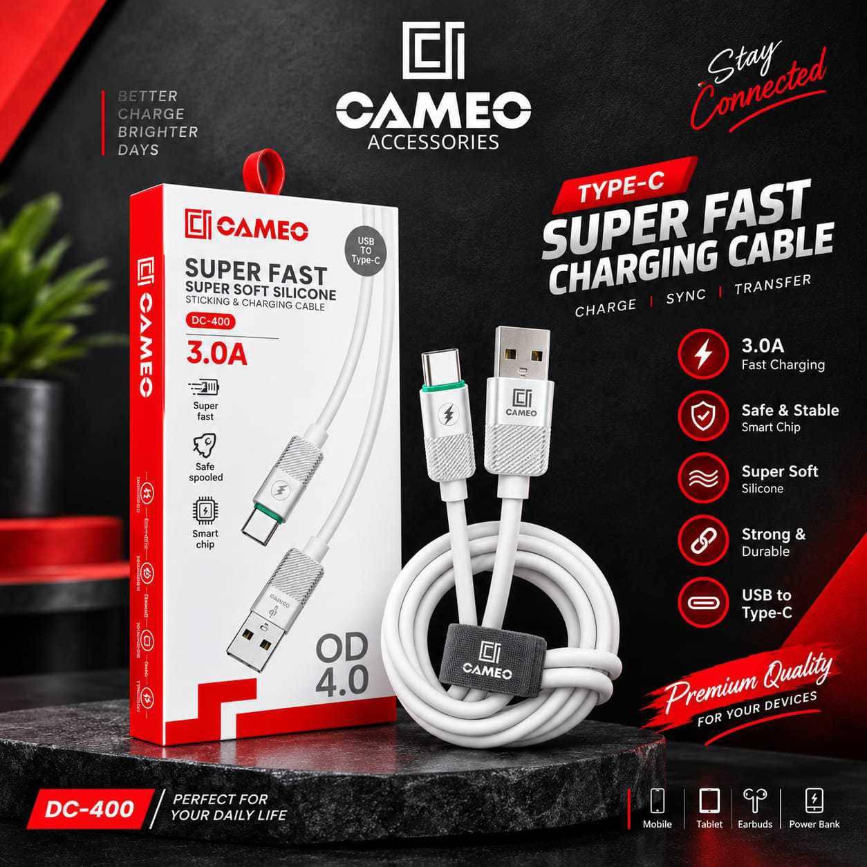Cameo DC-400 Super Fast and super Soft silicone sync and Charging Cable/Super Fast And Safe Speed Datacable/Easy To Carry Everywhere /6 Months Warranty