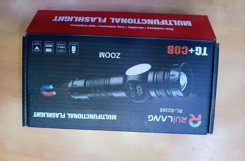 RUILANG RL-S2305 USB Rechargeable LED Flashlight Alloy Torch with Screen Digital Display Tail Magnet COB Side Light Long Distance Flashlight