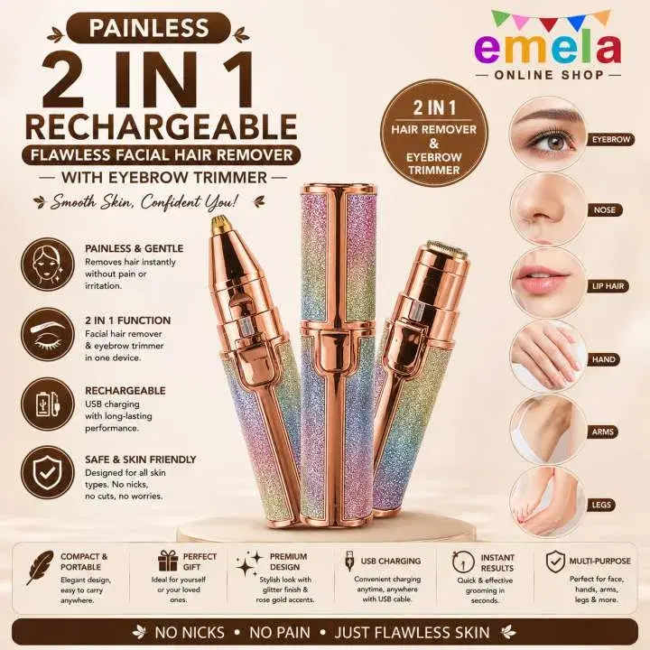 Painless 2 in 1 Rechargeable Flawless Facial Hair Remover with Eyebrow Timmer