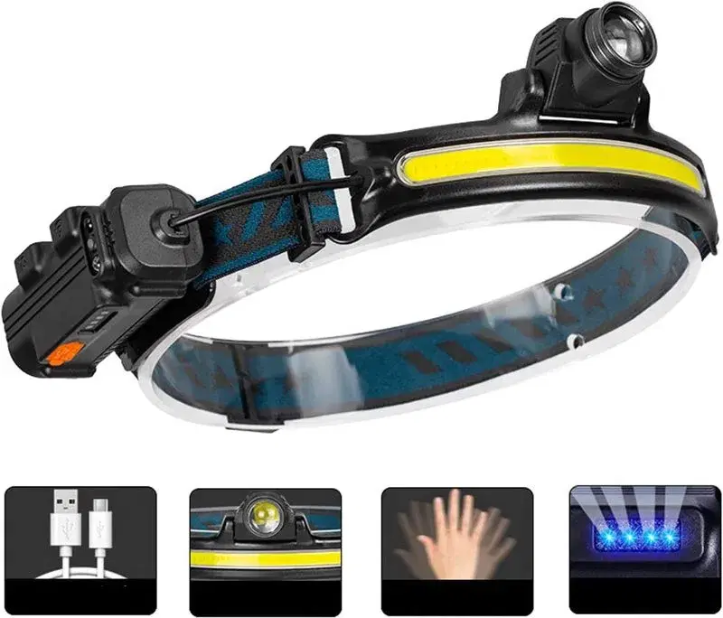 Floodlight COB Headlamp LED Sensor Headlight with Built-in Battery Flashlight USB Rechargeable Head Lamp Torch 6 Lighting Modes Work Light