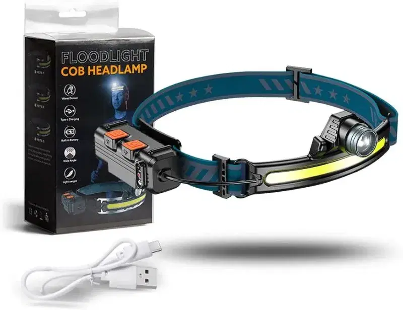 Floodlight COB Headlamp LED Sensor Headlight with Built-in Battery Flashlight USB Rechargeable Head Lamp Torch 6 Lighting Modes Work Light