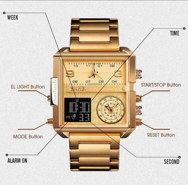 SKMEI 1584 Men's Multifunction Square Dial Digital Analog LED Chronograph Stainless Steel Wristwatch - Golden