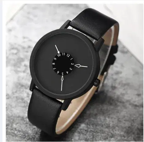 Paidu Unique Minimalist Black Quartz Watch with Leather Strap for Unisex