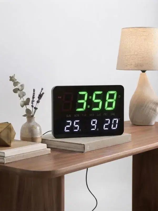 Large Screen Digital Wall Clock - Green LED Time, Date, Day & Temperature Display for Home, Office & Shop