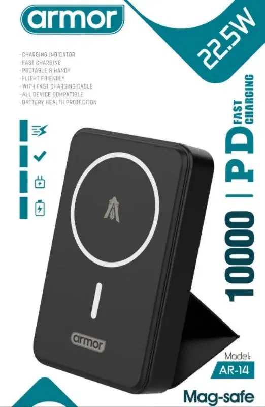 Armor AR-14 10000mAh Power Bank | 22.5W Fast Charging | MagSafe Wireless | Type-C & Lightning | With Stand