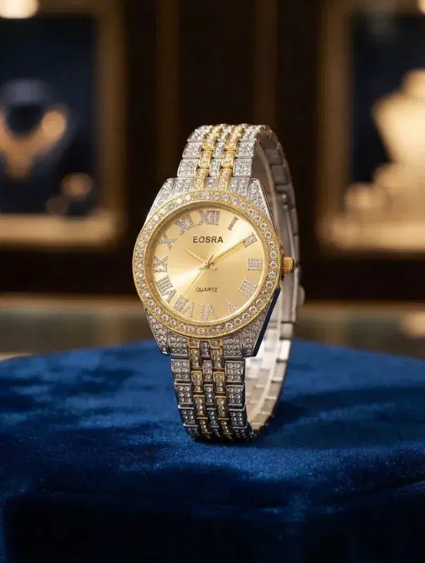 Premium Gold & Silver Iced Out Quartz Unisex Watch – Diamond Studded Bracelet Watch with Sunburst