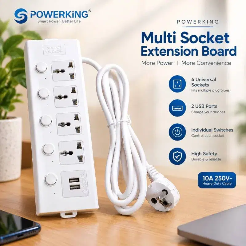 POWERKING 4-Way Universal Extension Board/Multiplug with Individual Switches & Dual USB Charging Ports – 10A 250V
