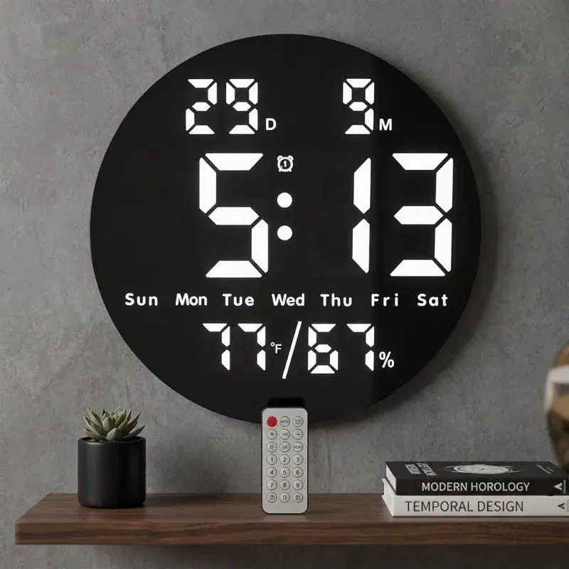 New Digital Modern wall /Table clock black housing Decor, with a remote Control, humidity, temperature and a calendar Round Dial Official Design