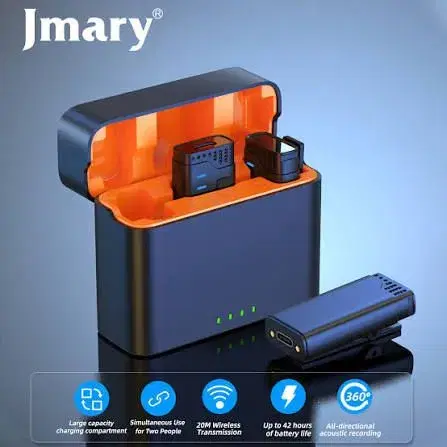 JMARY MW-16 All in One 2.4GHz Dual Wireless Microphone Crystal Clear Audio, Noise Cancellation Plug-and-Play Extended Battery Life with Charging Case