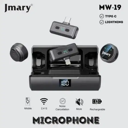 JMARY MW-19 2.4G Wireless Microphone for Mobile - Type-C & Lightning Compatible | Noise Cancellation | Up to 24H Battery Life with Charging Case