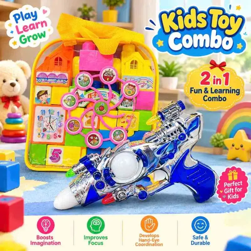 2-in-1 Kids Toy Combo featuring a learning house set and a futuristic toy gun.