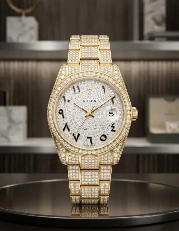 Luxury Gold Iced Out Diamond Rolex Datejust Watch with Arabic Numerals