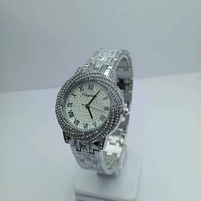 Eliyina Fashionable Bengal Watch || Round White Roman Numbering Stone Curved Dial Stainless Steel Silver Chain Waterproof Warranty Watch For Women