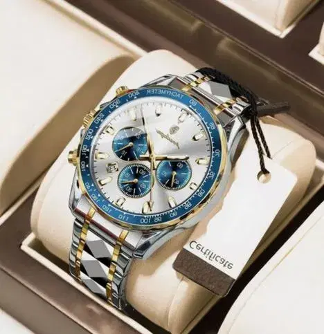 POEDAGAR Luxury Stainless Steel Men Two Tone Colour Chain Quartz Watches Waterproof Strong Luminous | Round Shape White Dial Chronograph Watch for Men