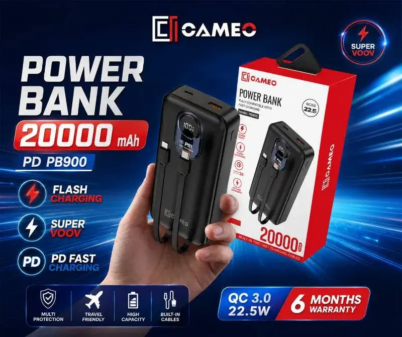 Cameo PB900 power bank featuring a 20000mAh capacity || 22.5W fast-charging capability.