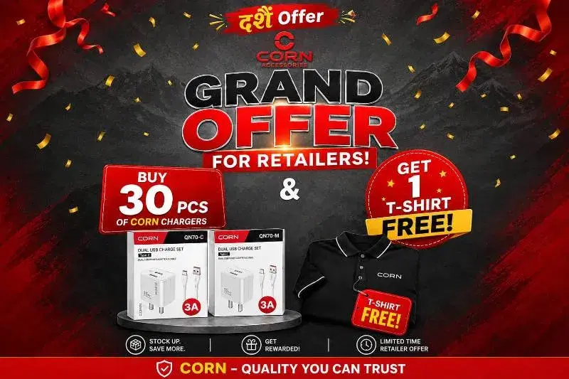 FREE* Get 15 pcs of CORN QN70C Type-C Chargers and 15 pcs of CORN QN70M Micro USB Chargers in one combo set and get a CORN T-Shirt free.