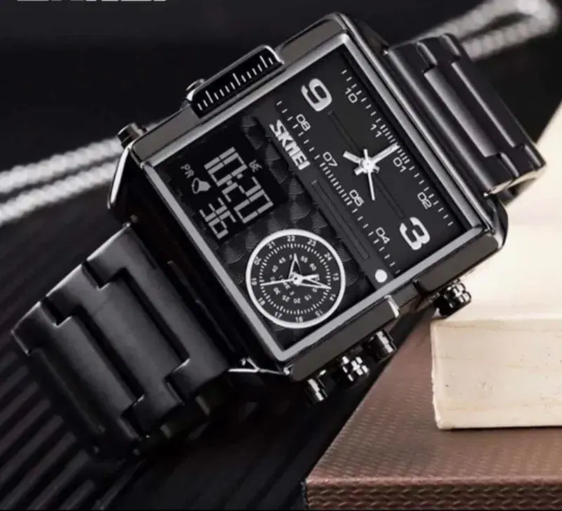 SKMEI 1584 Men's Multifunction Square Dial Digital Analog LED Chronograph Stainless Steel Wristwatch - Golden